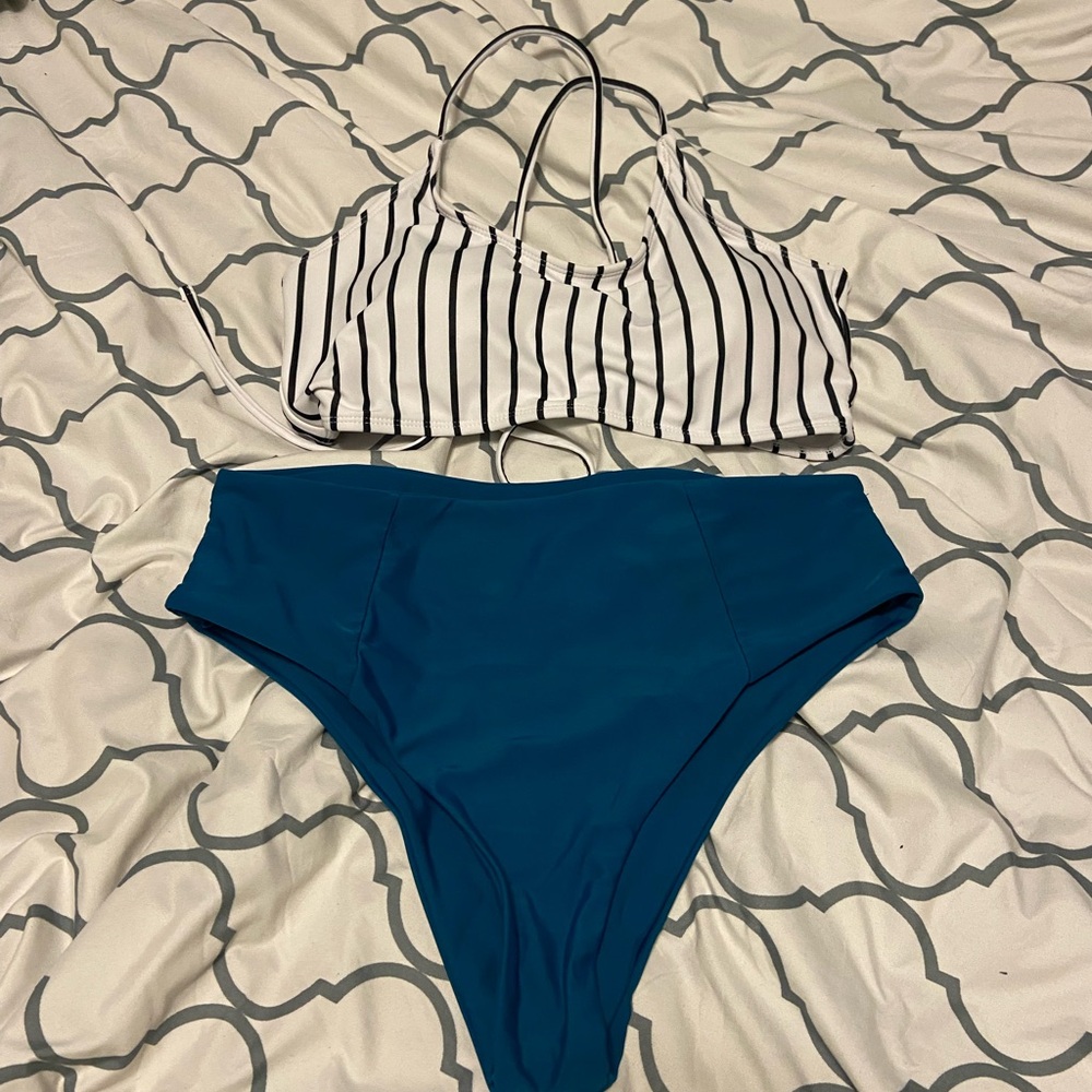 Striped Bikini Top and Blue High-Waisted Bottom